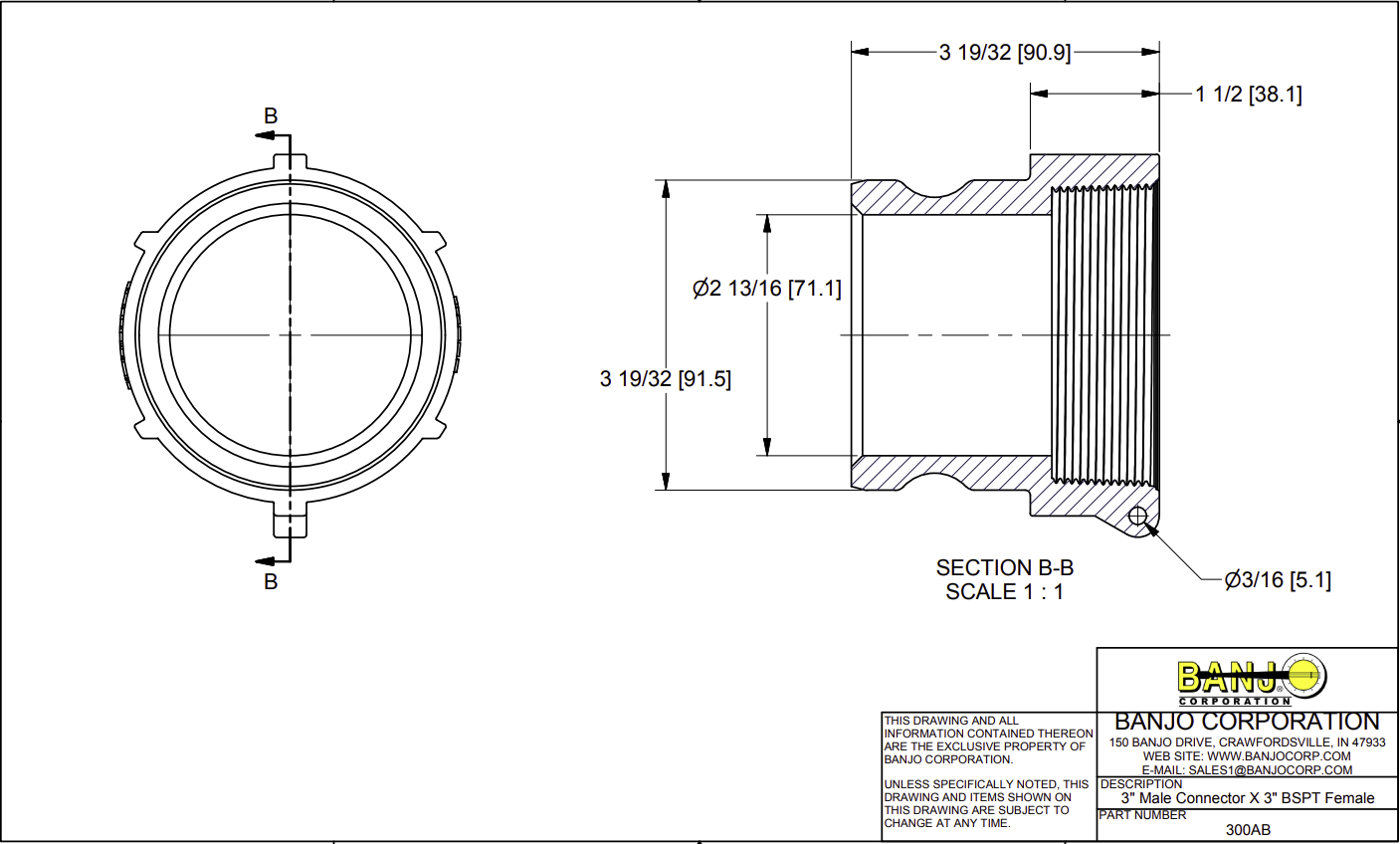 Banjo Poly Camlock Fitting Type A Male Adaptor x Female BSP - Drawing