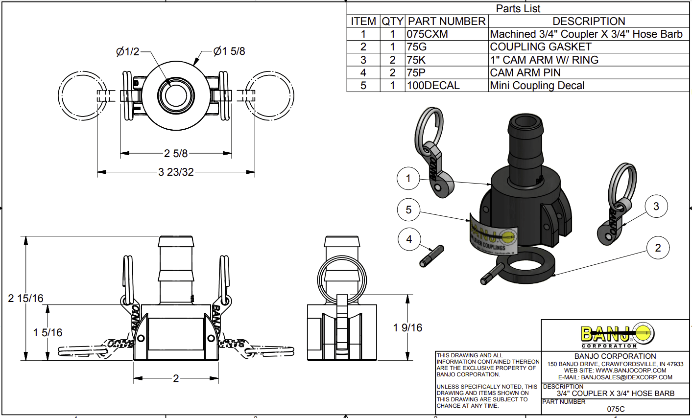 Banjo Poly Camlock Fitting Type C Female Coupling x Hose Barb - Drawing