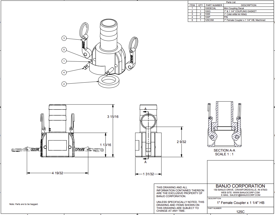 Banjo Poly Camlock Fitting Type C Female Coupling x Hose Barb - Drawing