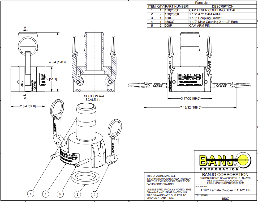 Banjo Poly Camlock Fitting Type C Female Coupling x Hose Barb - Drawing