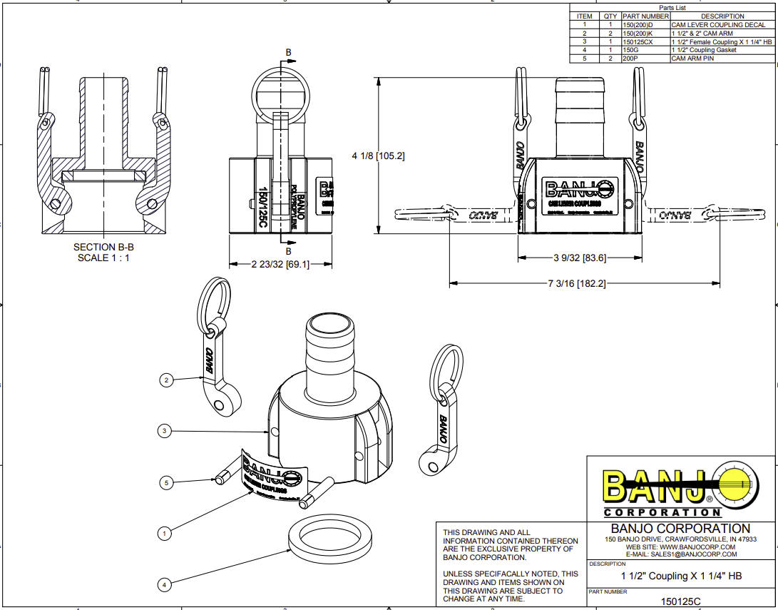 Banjo Poly Camlock Fitting Type C Female Coupling x Hose Barb - Drawing