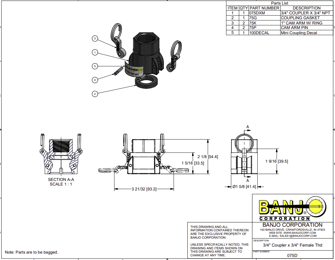 Banjo Poly Camlock Fitting Type D Female Coupling x Female BSP - Drawing