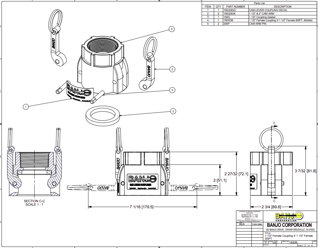 Banjo Poly Camlock Fitting Type D Female Coupling x Female BSP - Drawing