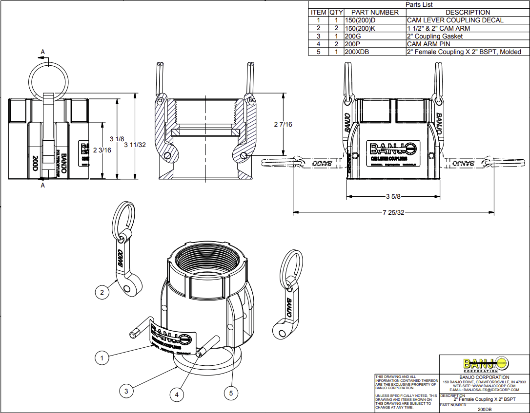 Banjo Poly Camlock Fitting Type D Female Coupling x Female BSP - Drawing