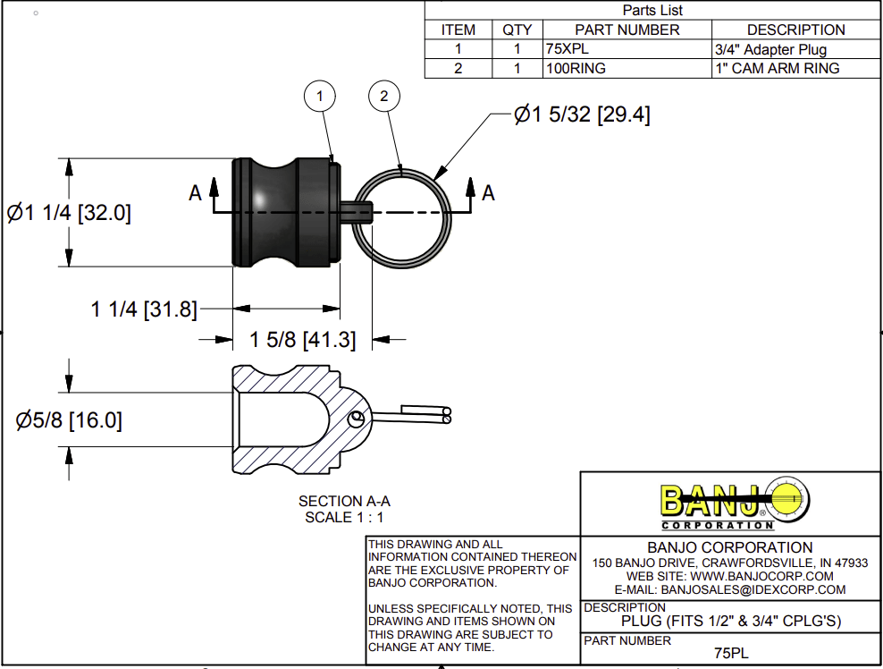 Banjo Poly Camlock Fitting Type DP Dust Plug - Drawing