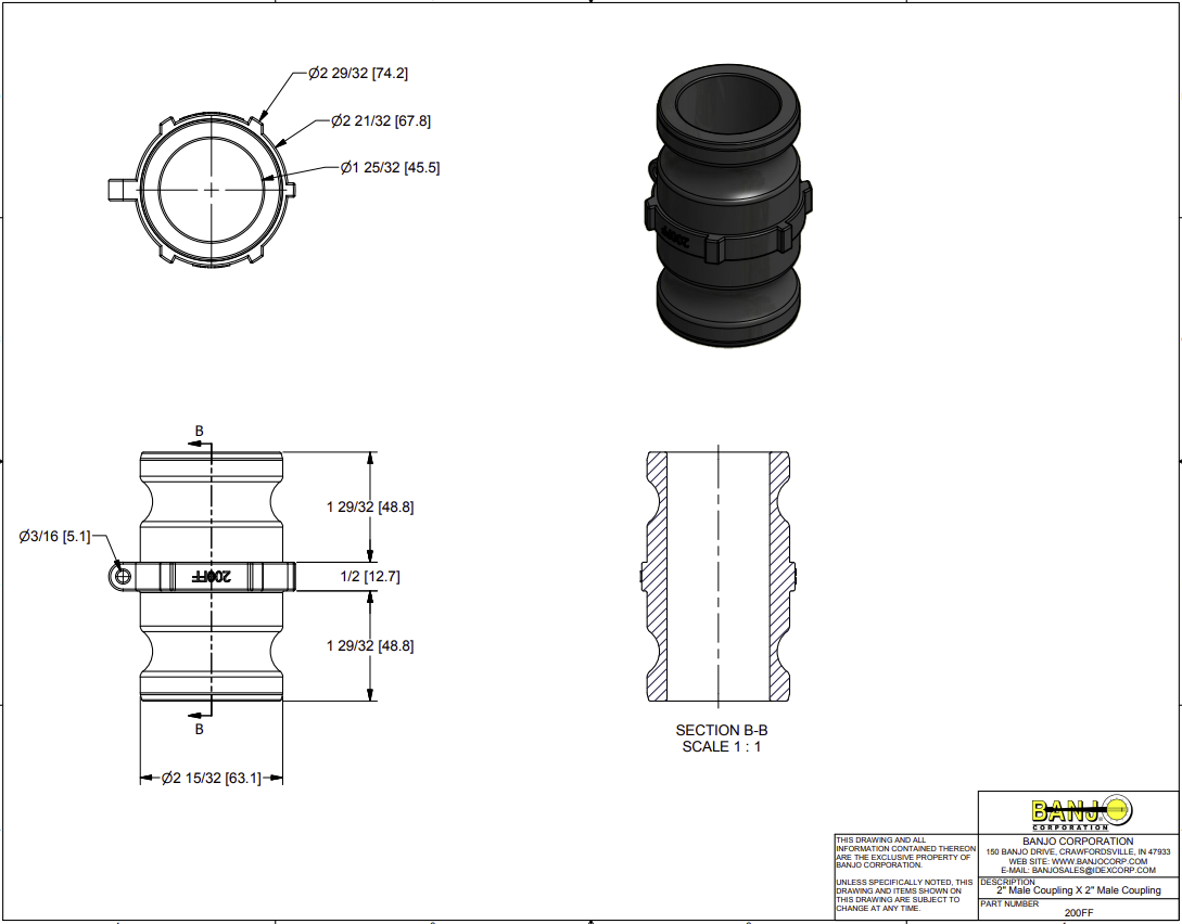 Banjo Poly Camlock Fitting Type FF Double Adaptor - Drawing