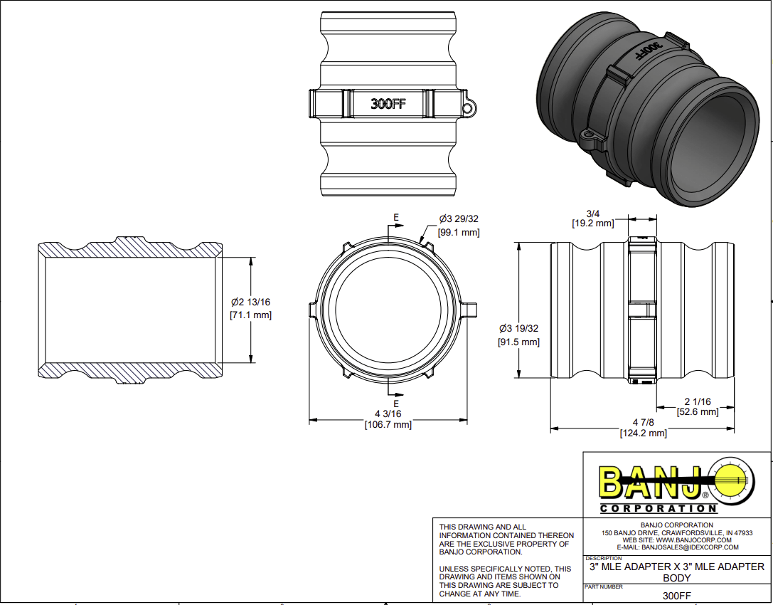 Banjo Poly Camlock Fitting Type FF Double Adaptor - Drawing