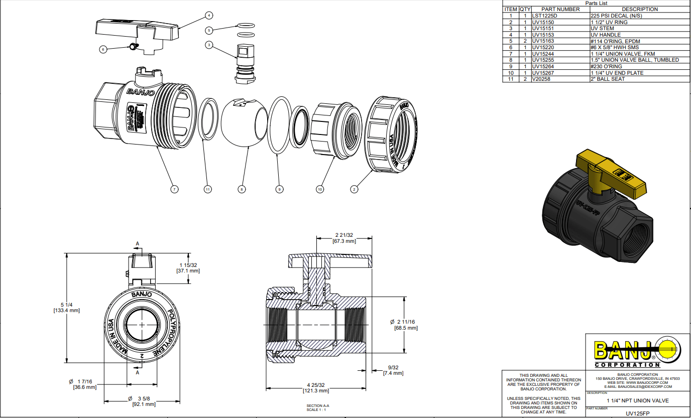 Banjo Poly Single Union Natural Seal Ball Valve General Purpose - Drawing