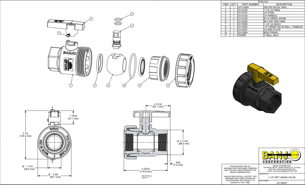 Banjo Poly Single Union Natural Seal Ball Valve General Purpose - Drawing