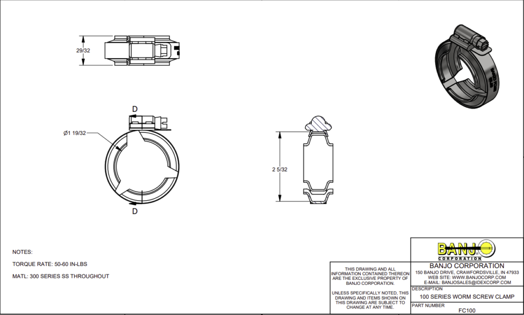 Banjo Stainless Steel Manifold Flange Worm Screw Hose Clamp - Drawing