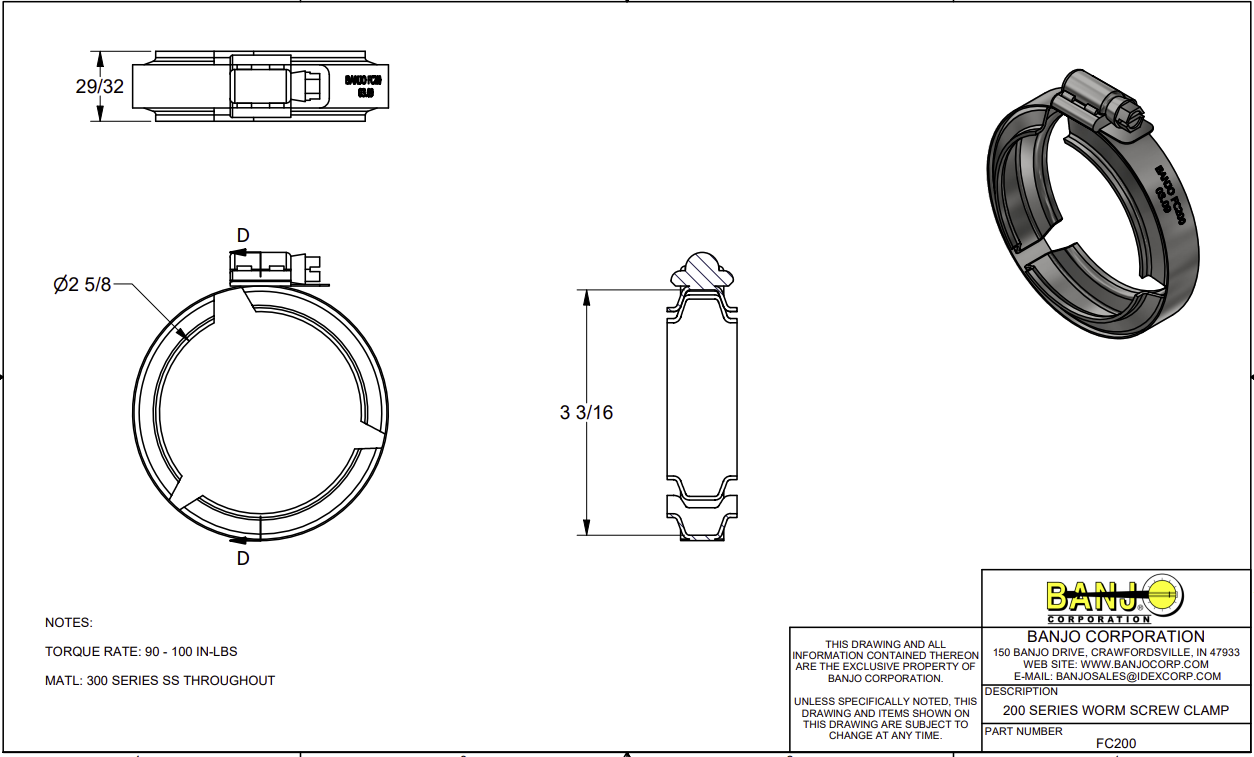 Banjo Stainless Steel Manifold Flange Worm Screw Hose Clamp - Drawing