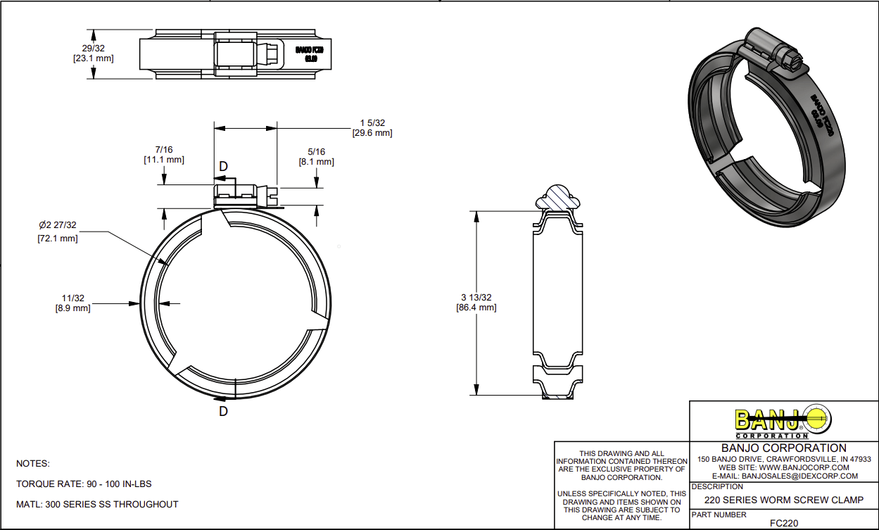 Banjo Stainless Steel Manifold Flange Worm Screw Hose Clamp - Drawing