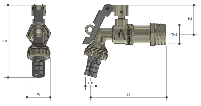 Brass Bibcock Tap Front Locking Male BSP Thread 20mm - Drawing
