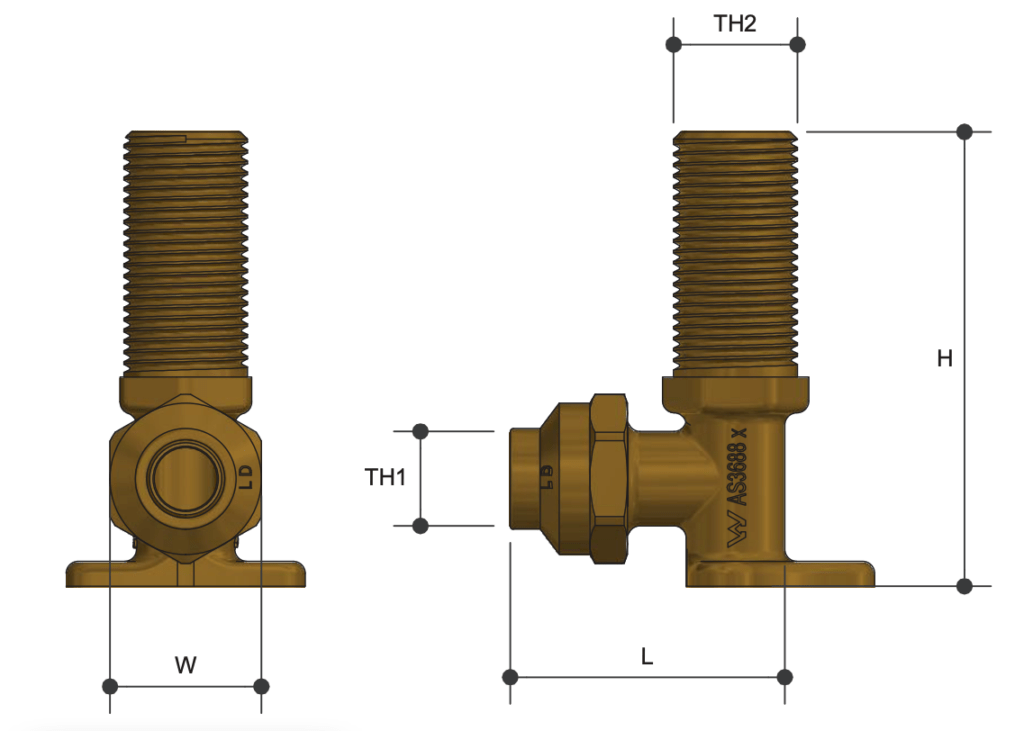 Brass Flare Compression Fitting Lugged Elbow Male BSP x Copper - Drawing