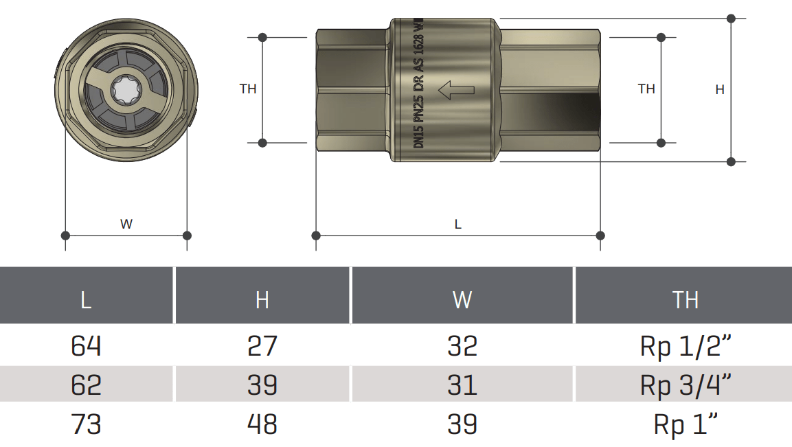 Brass Non-return Check Valve Spring Female BSP Watermark - Drawing