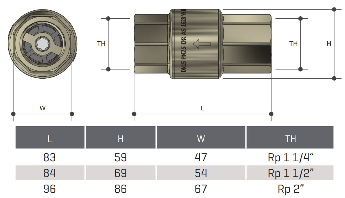 Brass Non-return Check Valve Spring Female BSP Watermark - Drawing