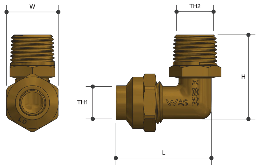 Brass Pipe Fitting Flare Compression Elbow Male BSP x Copper - Drawing