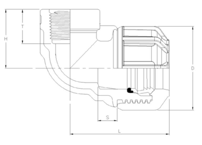 Philmac Pipe Fitting 3G Metric Elbow 90° Poly x Female BSP - Drawing