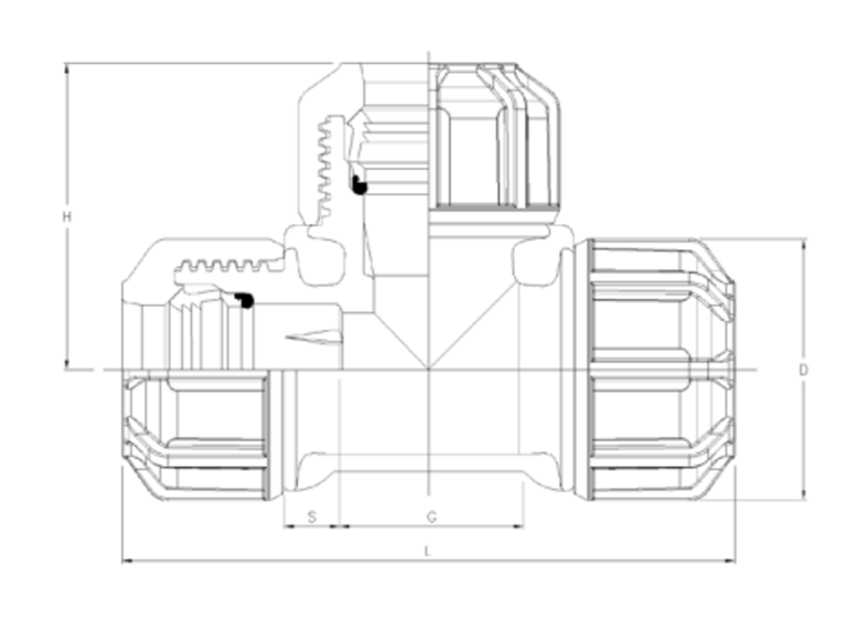 Philmac Pipe Fitting 3G Metric Tee Poly x Poly x Poly - Drawing