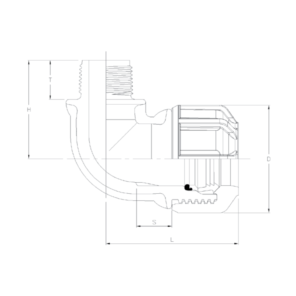 Philmac Poly Pipe Fitting 3G Metric Elbow 90° Poly x Male BSP - Drawing